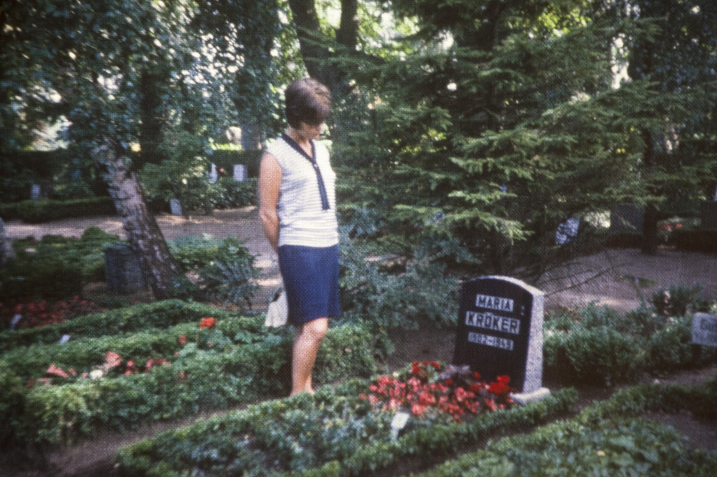 Monica with her mother's new gravestone. 