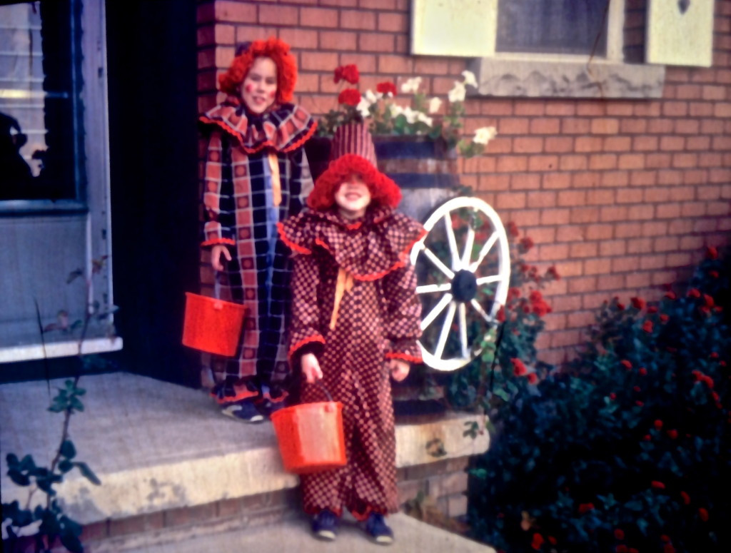 My sister and I in our clown costumes, hand-sewn by our mom. Circa 1982